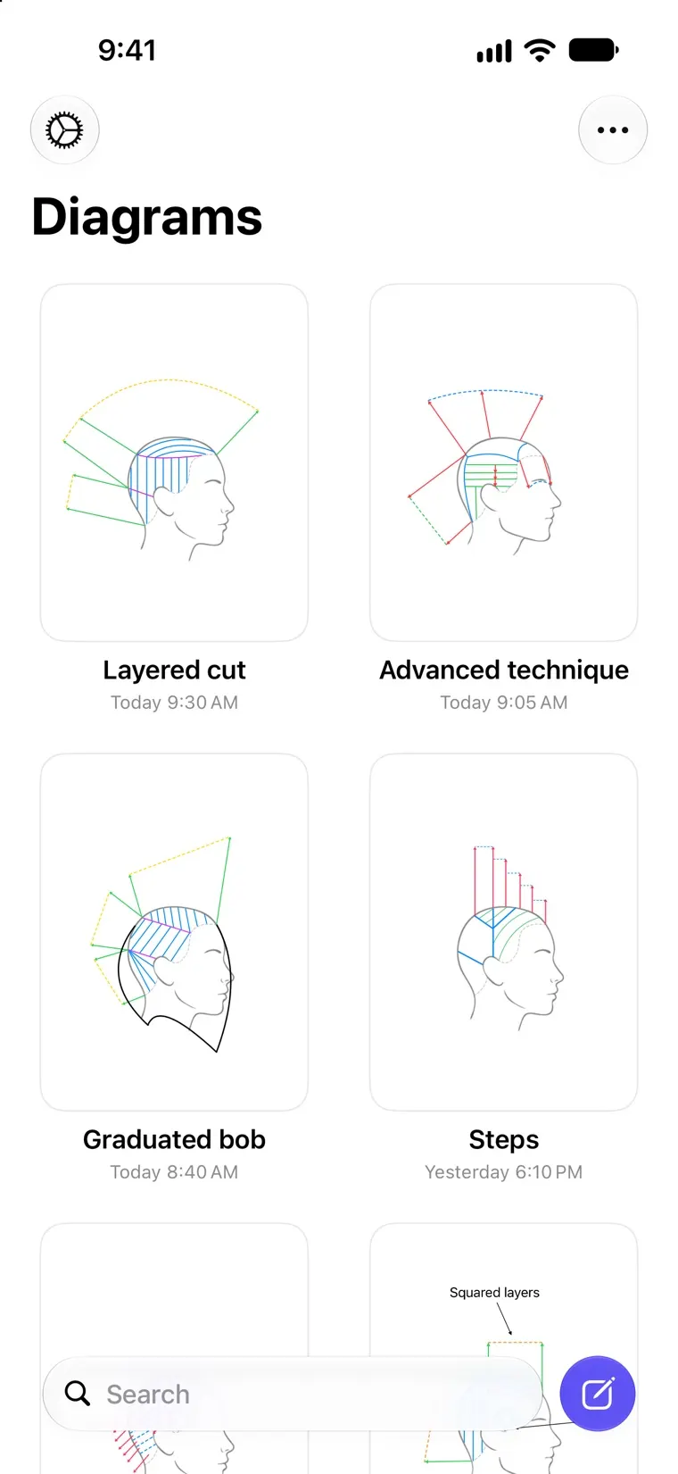The Diagrams library in Headsheet, with saved haircut diagrams shown as named cards