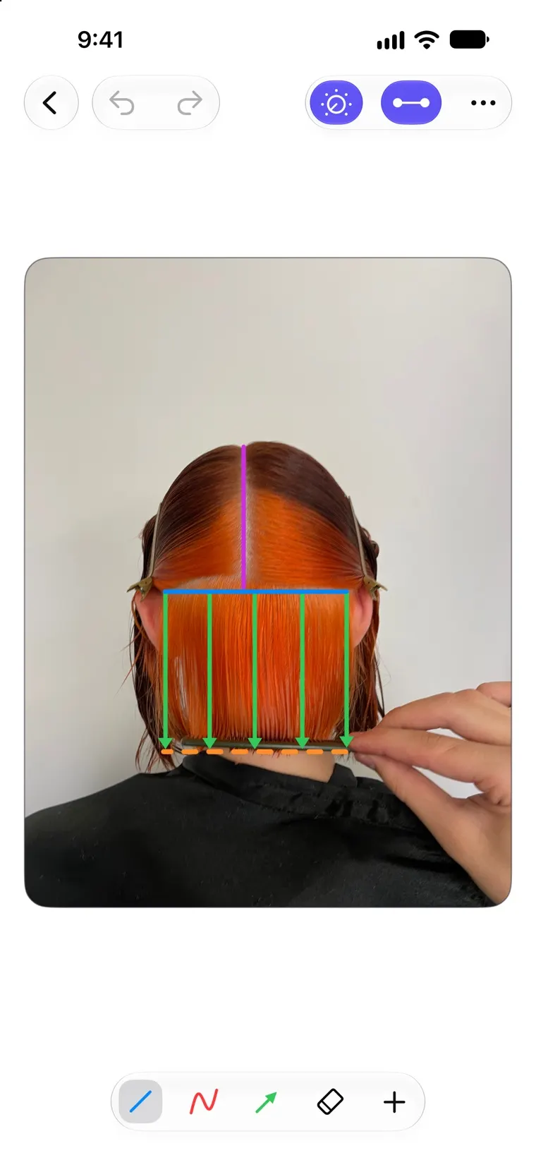 A Headsheet diagram drawn over the stylist's own reference photo of a client